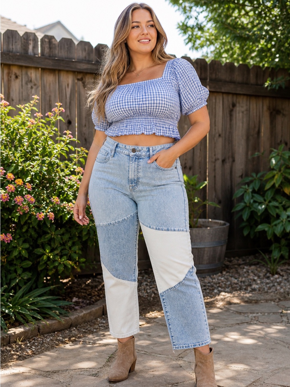 Vigoss Frankie Straight Wide Leg Jeans Colorblock Patchwork Denim High Rise
